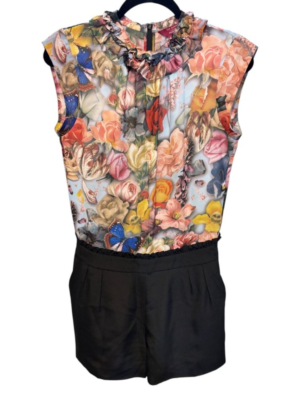 Ted Baker London Floral Butterfly Print Ruffle Neck Romper